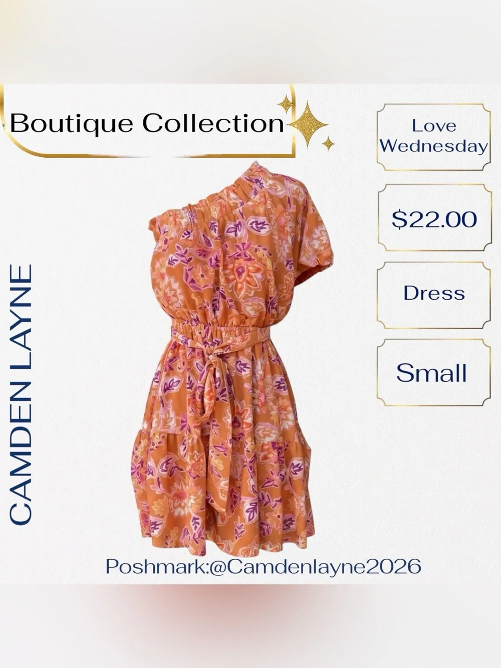 One-Shoulder Orange Floral Mini Dress - Picture 2 of 12